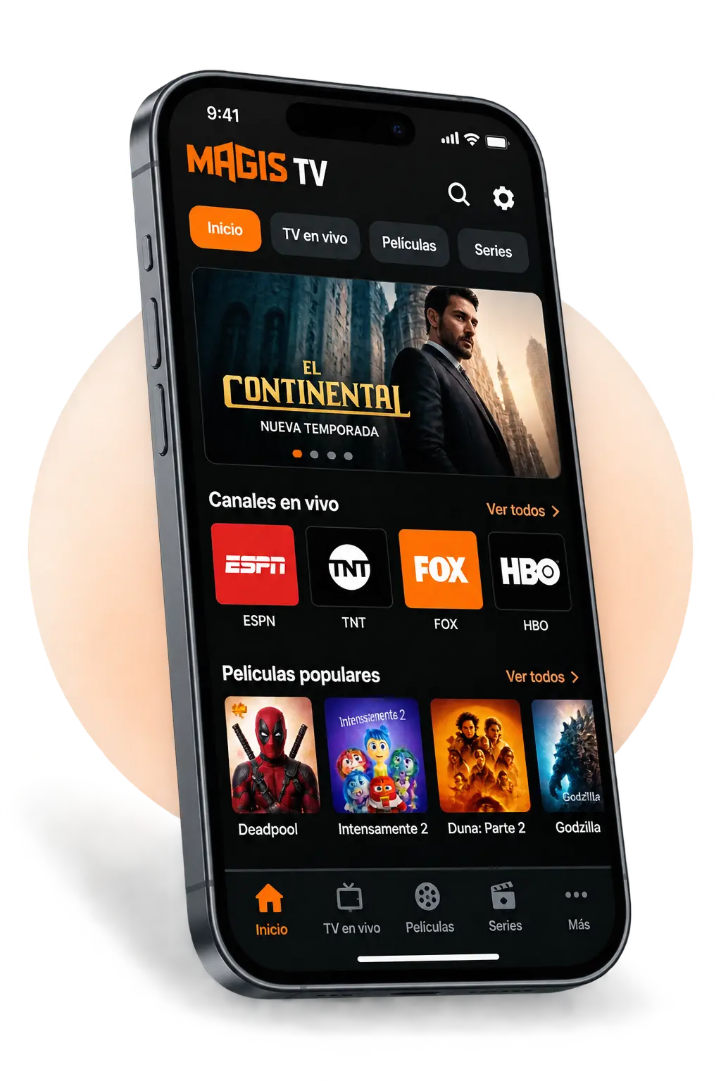 Magis TV APK abierto en un teléfono móvil con canales, películas y series